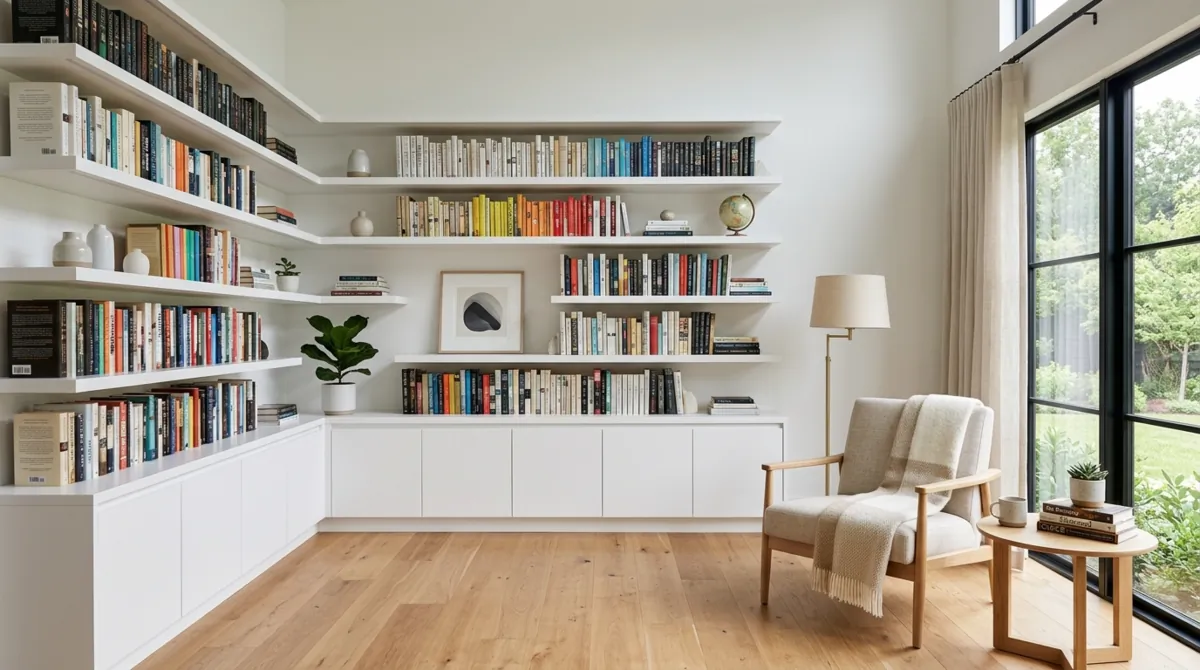 Modern minimalist home library with white shelving, oak floors, neutral chair, and bright daylight.